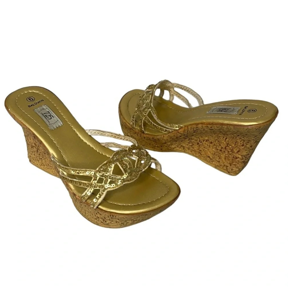 VINTAGE Y2K Platform Gold Sequin Baldwin 725 Original Wedge Open Toe Slides 6